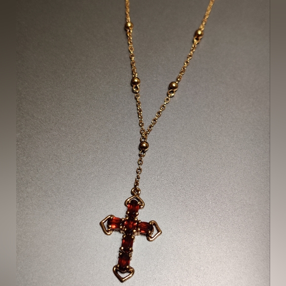 Elegant Garnet Glass Cross Necklace 14K Gold Over Silver 925 - Picture 5 of 13